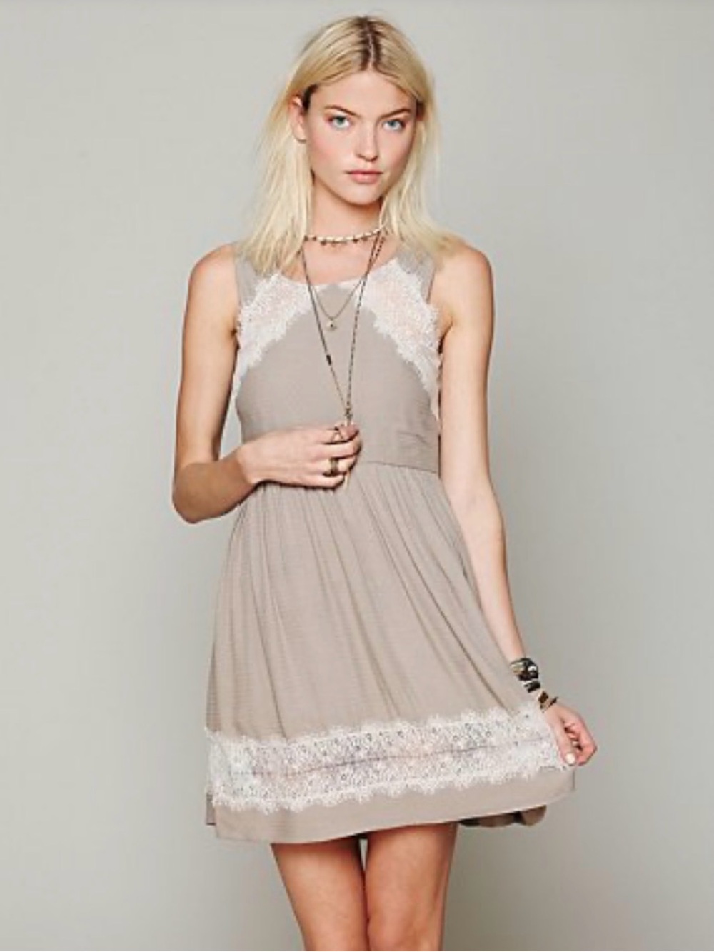 Free People Georgia Lace Tank Dress Tea Taupe with Ivory Lace Trim Size 6